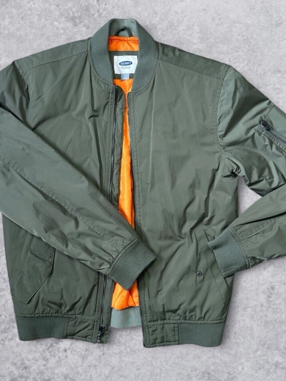 Old Navy Men’s M Bomber Jacket Olive Green MA-1 Flight Orange Lined Military